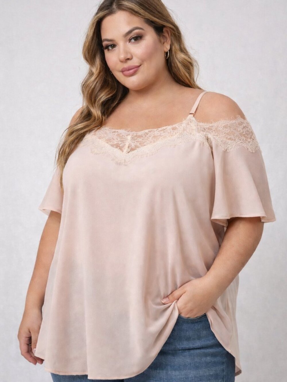 Davi & Dani Lace Trim Blush Off Shoulder Top | Boho Romantic Flutter Sleeve | Si